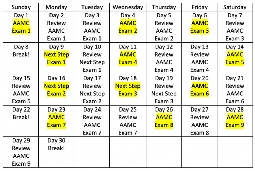 1 Month MCAT calendar